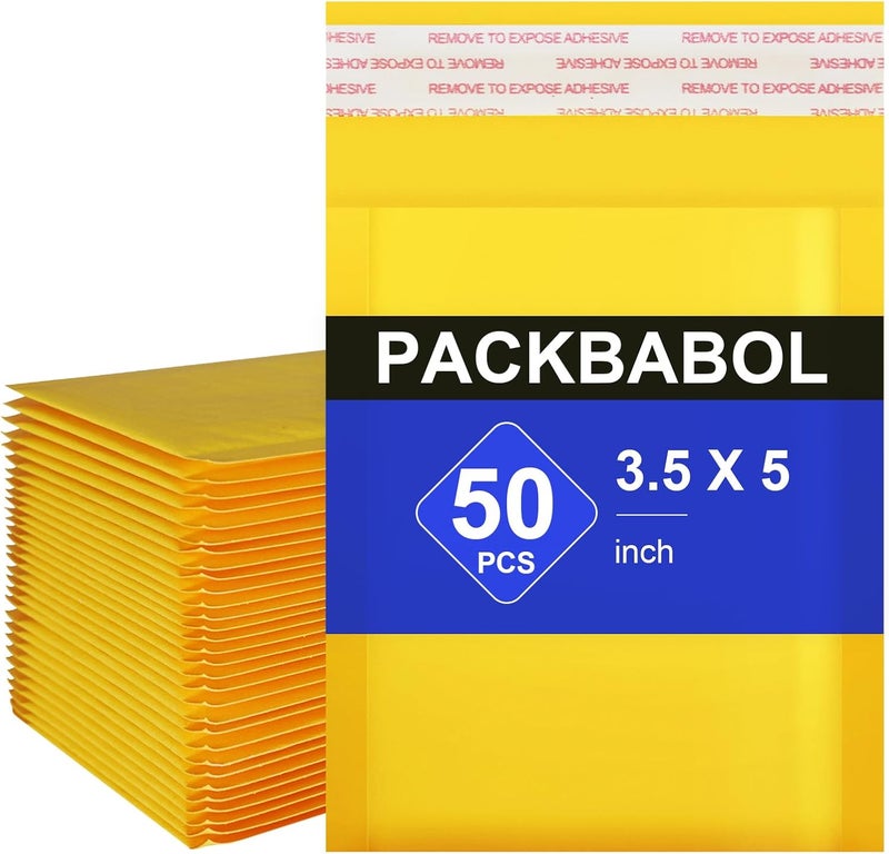 packbabol Kraft bubble mailers 3.5x5 Inch 50 Pack,Self-Sealing Paper Envelopes for Packaging,Strong Adhesion Envelope Mailers, Small Waterproof Cushioned Padded Shipping Bags Yellow #0000 - Image 1